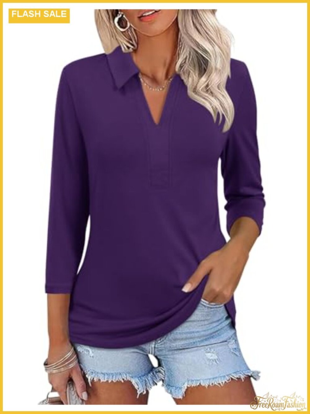 3/4 Sleeve V-Neck Collared Polo Shirt Business Casual Work Top